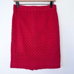 J Crew The Pencil Skirt Size 4 Red Eyelet 100% Cotton Cotton Lined Embroidered